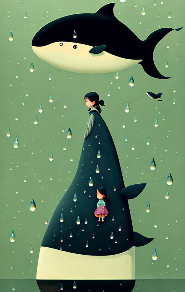 Whimsical girl on giant whale in rain shower with birds and larger whale in green background