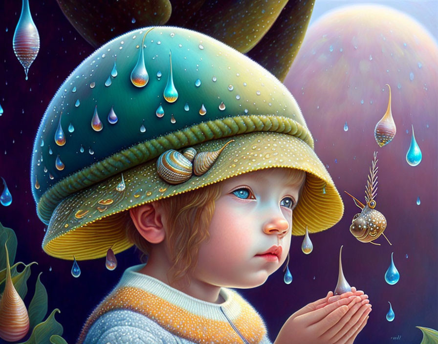 Child with dewy eyes in green hat gazes at suspended water droplet