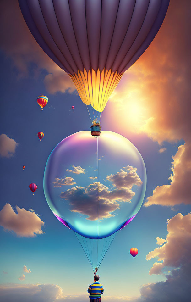 Colorful hot air balloon flying in sunset sky with cloud reflections in giant bubble and distant balloons.