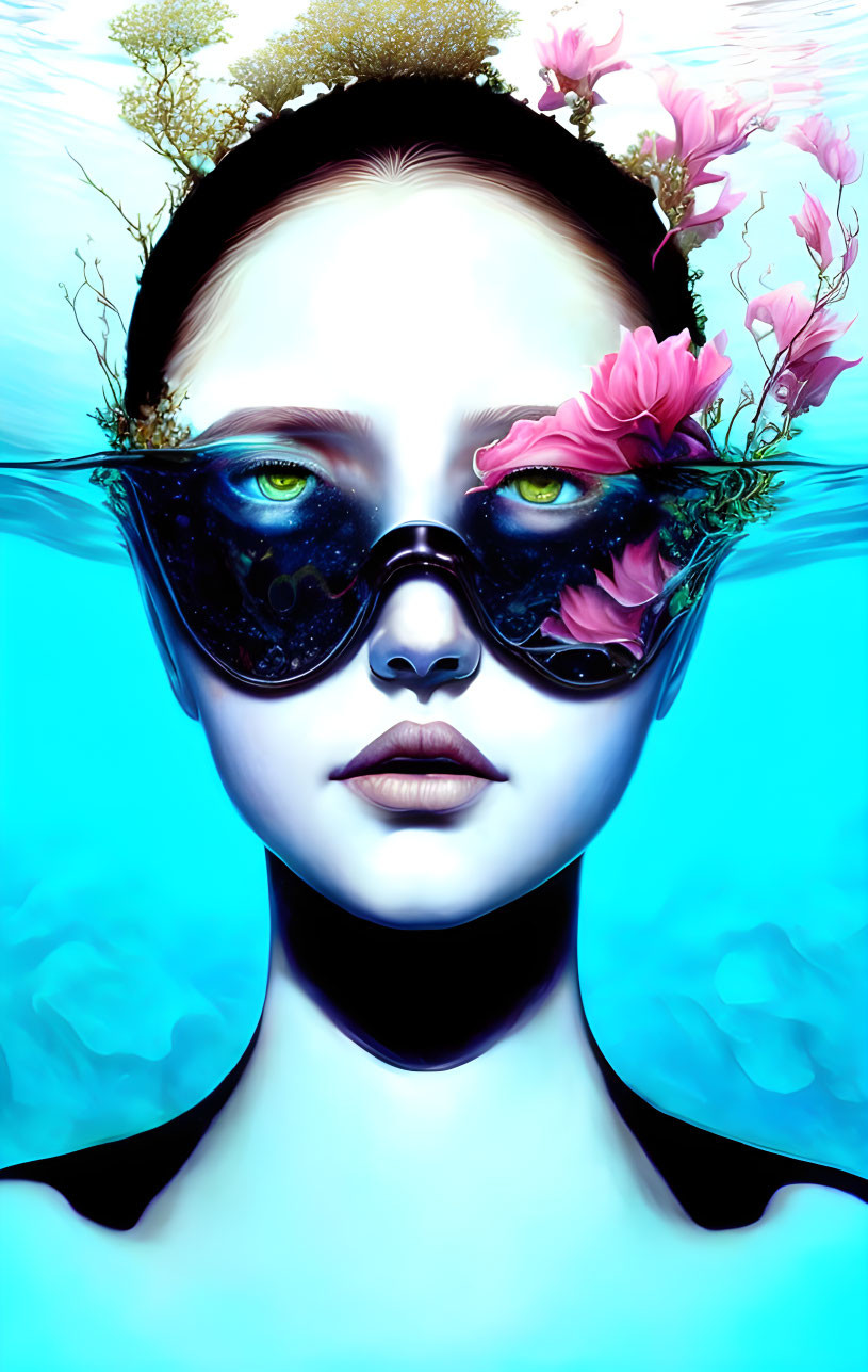 Cosmic-themed eyewear portrait with blooming flowers on vibrant blue backdrop