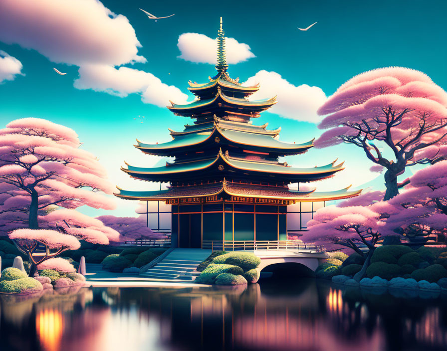 Traditional Japanese Pagoda Surrounded by Cherry Blossoms and Pond at Dusk