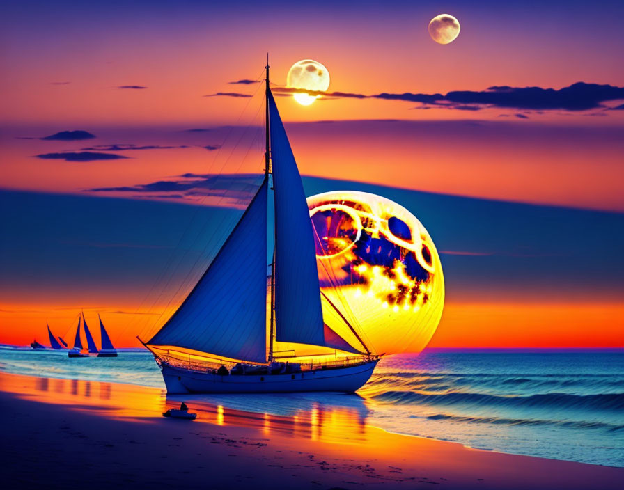 Sailboat at sunset with surreal sky and two moons