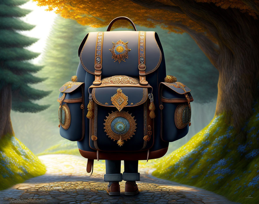 Ornate Leather Backpack with Gold and Turquoise Embellishments