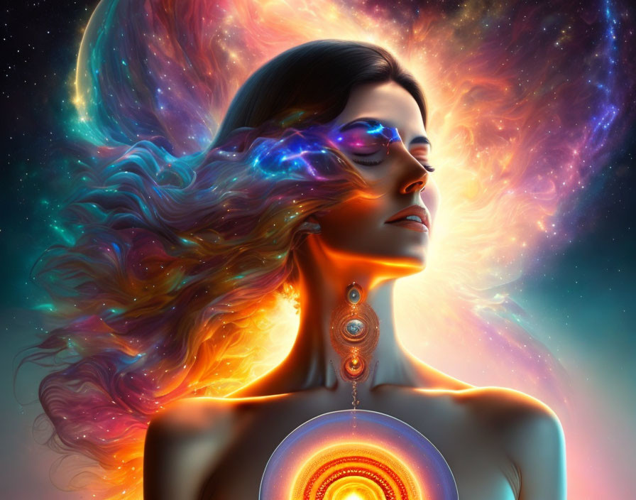 Vibrant digital artwork of woman with cosmic elements