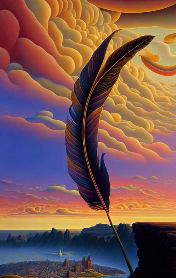 Stylized feather against vibrant surreal landscape