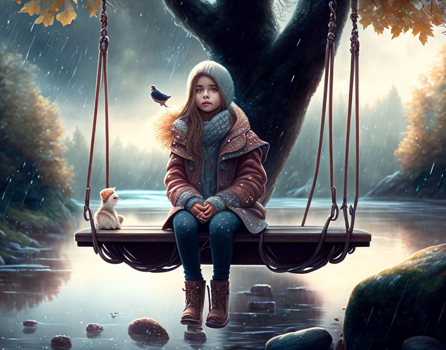 Young girl on wooden swing with toy and bird in twilight forest by river