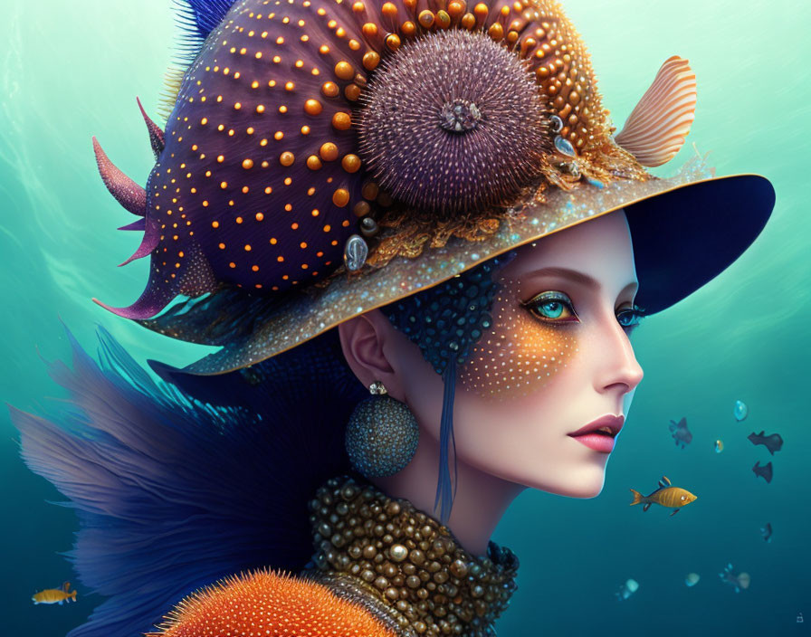 Digital artwork featuring woman with sea life elements integrated into clothing against aquatic backdrop