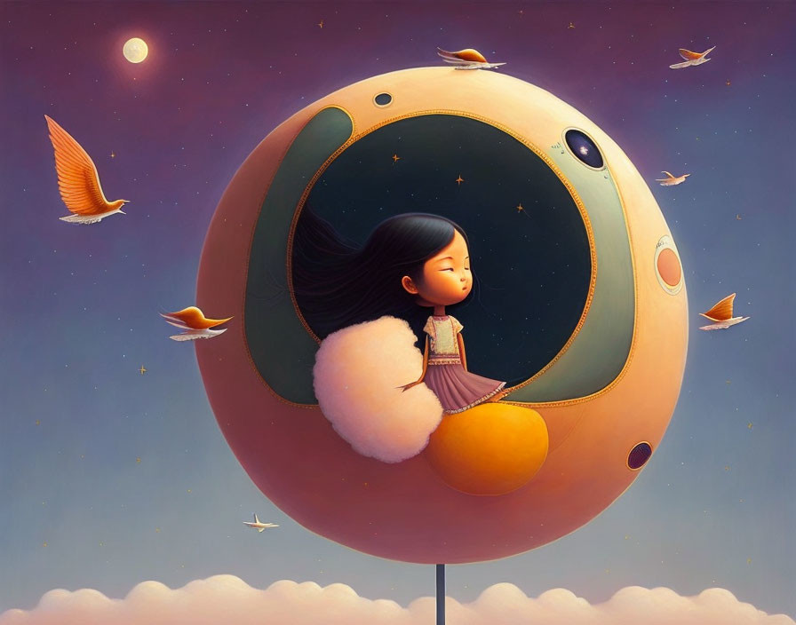 Illustration of girl in ring-shaped moon structure with flying birds in purple sky