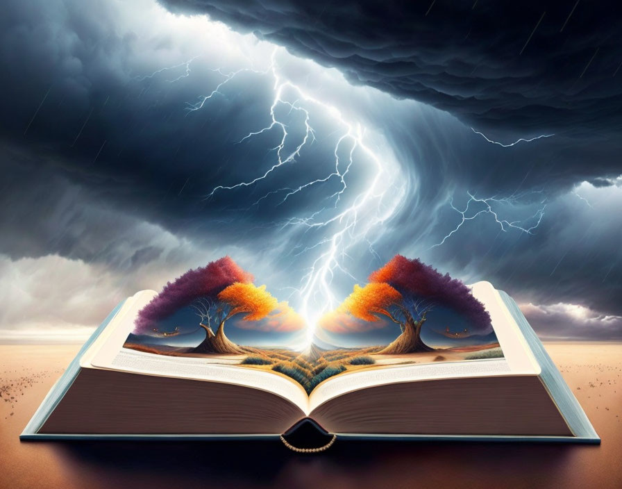 Open book with vivid landscape illustration of trees and lightning against stormy sky