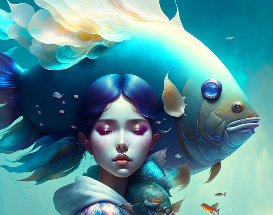 Surreal artwork of girl with blue hair in water with whimsical fish