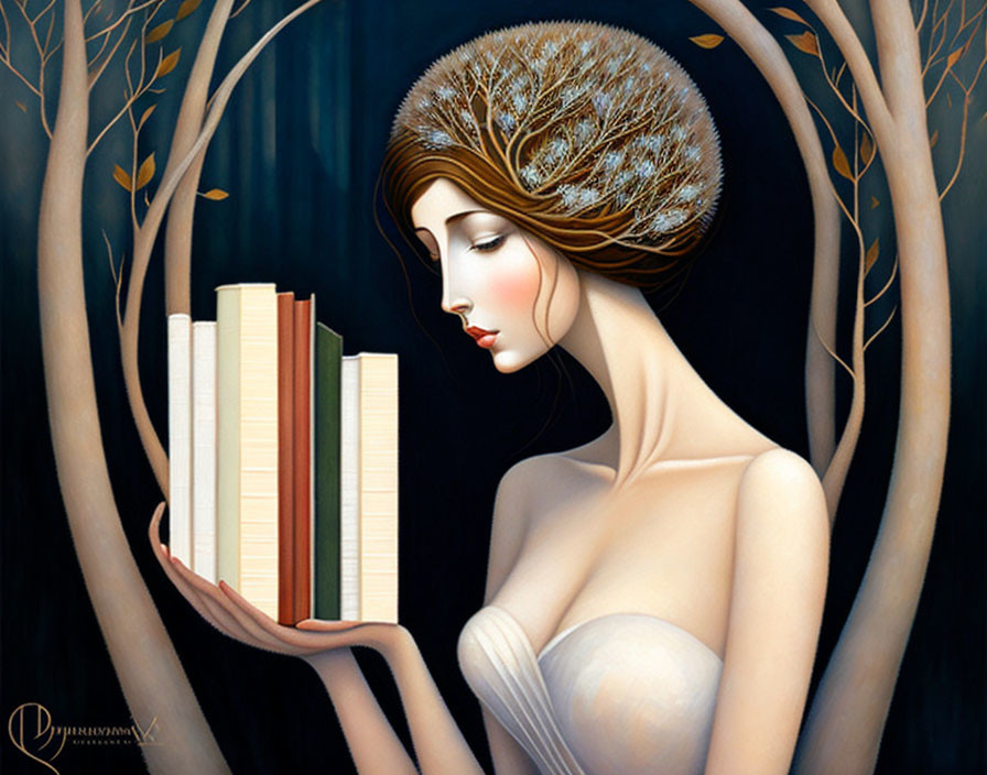 Illustrated woman with tree branches for hair holding books in dark forest.