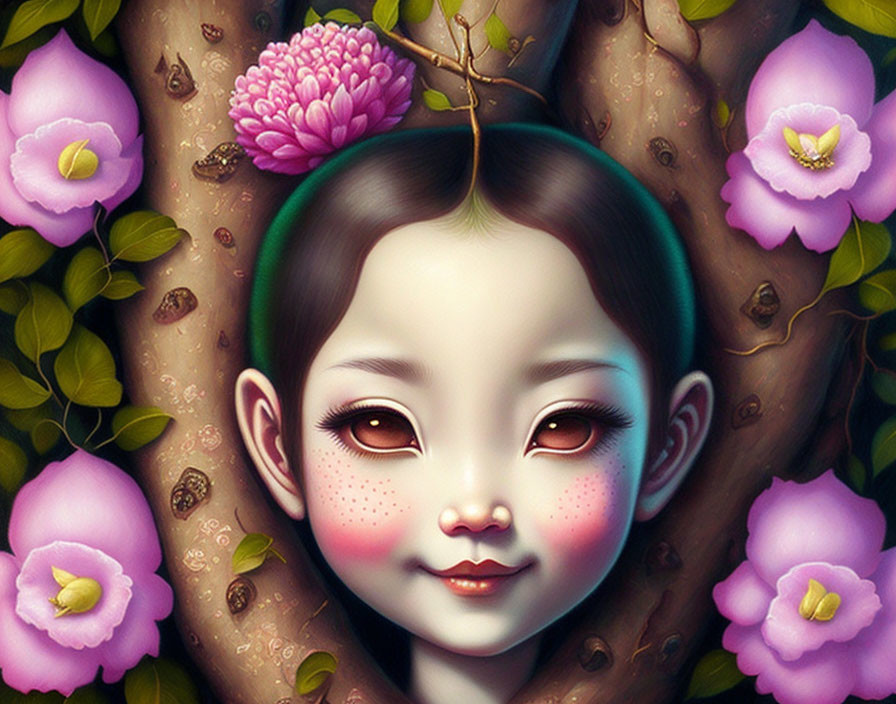 Illustrated portrait of girl with expressive eyes, purple flowers, green leaves, and pink bloom.