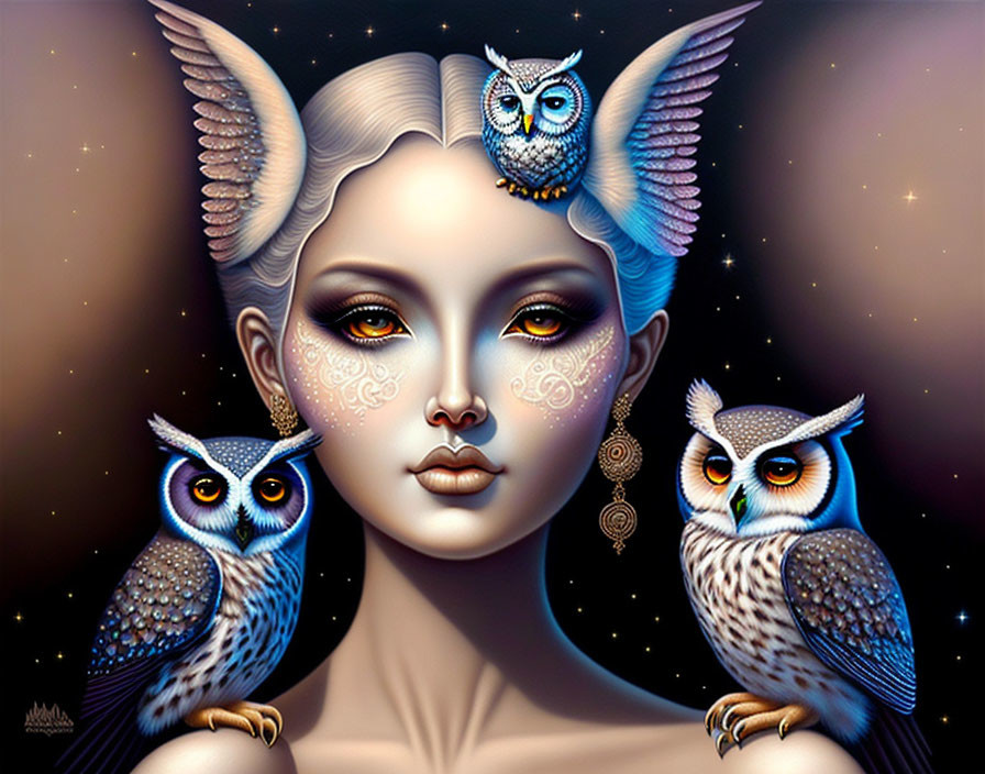 Ethereal woman with owls in starry setting