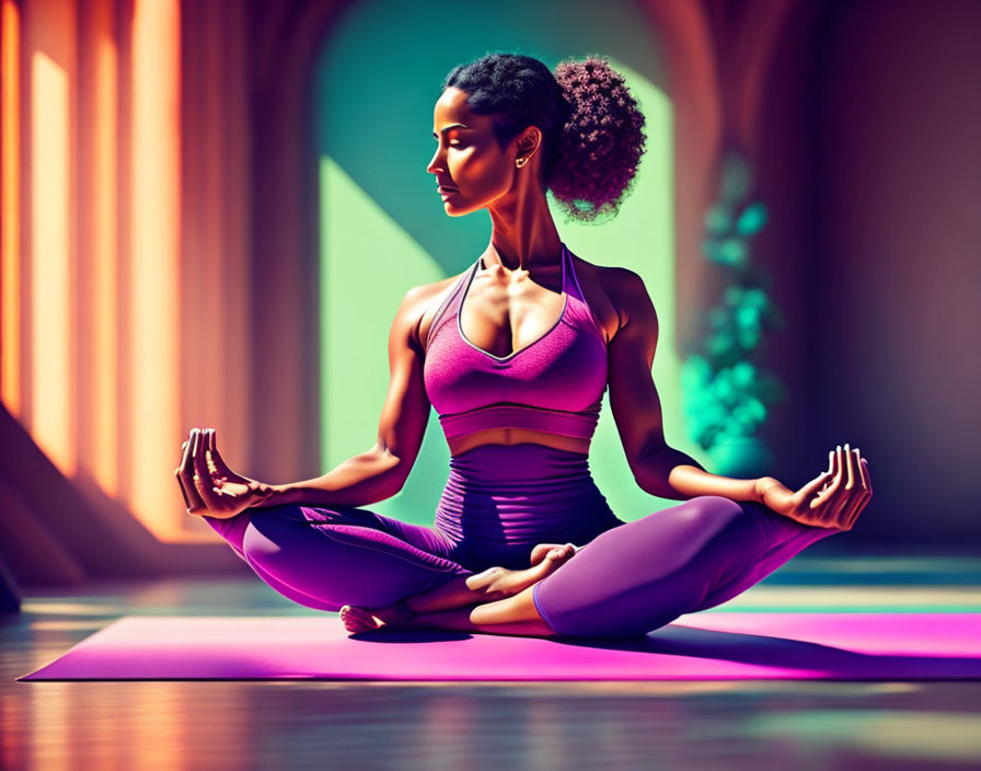 Woman in pink sports outfit practicing yoga in lotus pose in warmly lit room with geometric windows