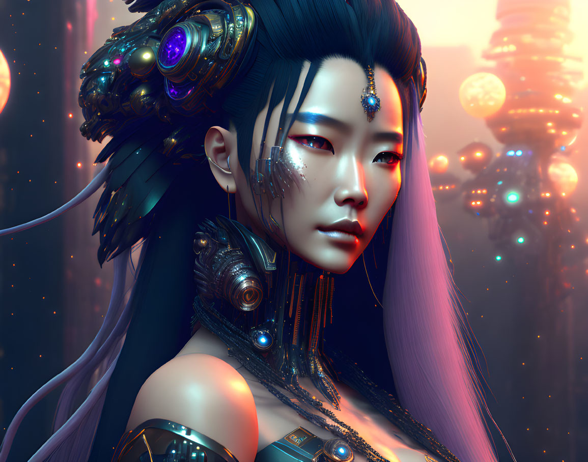 Futuristic Asian woman with cybernetic enhancements in neon-lit cityscape