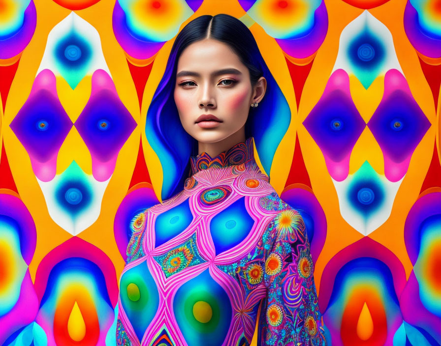 Blue eyeshadow woman against vibrant psychedelic background