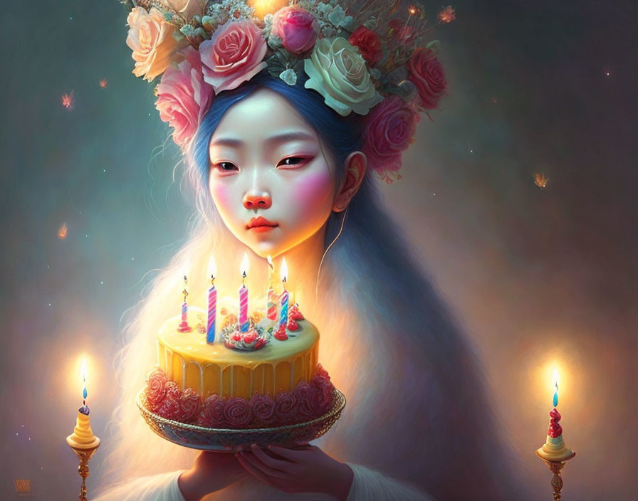 Girl with Floral Crown Holding Lit Birthday Cake in Dreamlike Setting