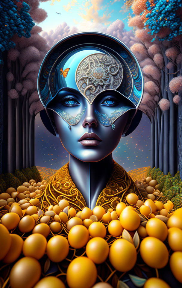 Cosmic-themed humanoid figure surrounded by golden orbs and surreal landscape