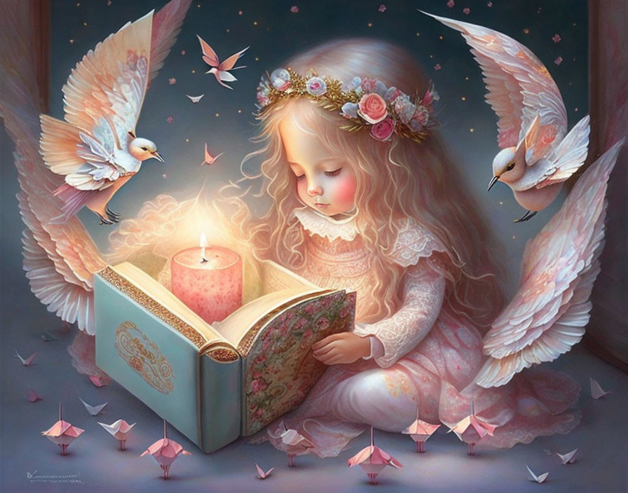 Young girl with angelic wings reading by candlelight among paper cranes, doves, and floral