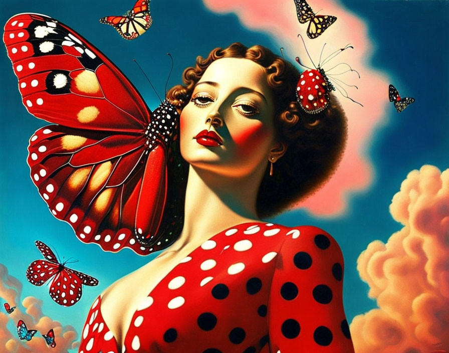 Hyperrealistic painting of woman with butterfly wings and vivid colors