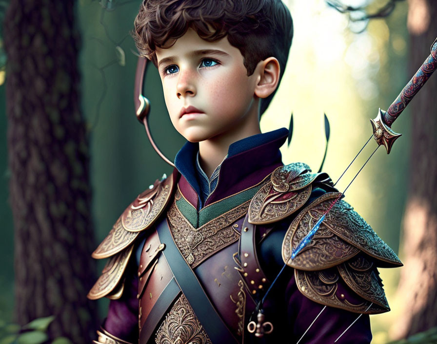 Young boy in detailed medieval knight's armor with ornate sword in forest