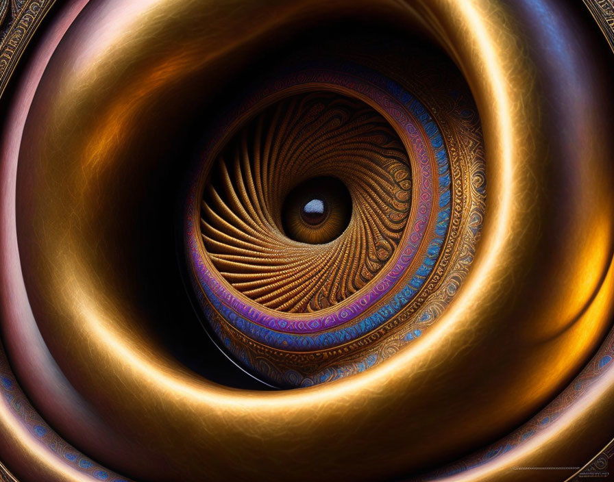 Abstract digital image of ornate eye with intricate patterns in warm brown and golden tones