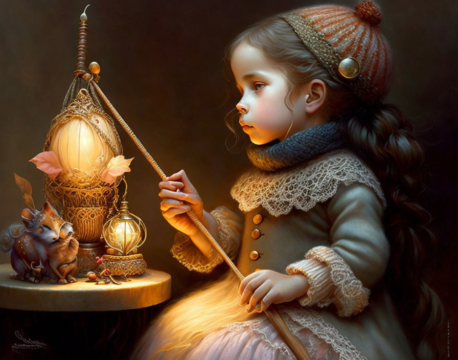 Young girl in vintage clothing with wand and squirrel under glowing lantern