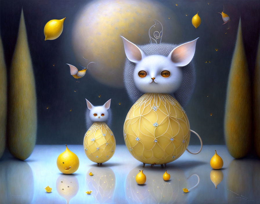 Whimsical painting featuring stylized cats, lemons, butterflies, and a glowing moon