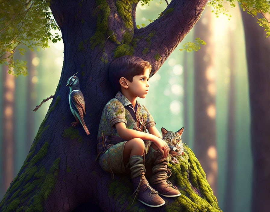 Young boy with bird and wildcat in mystical forest scene.