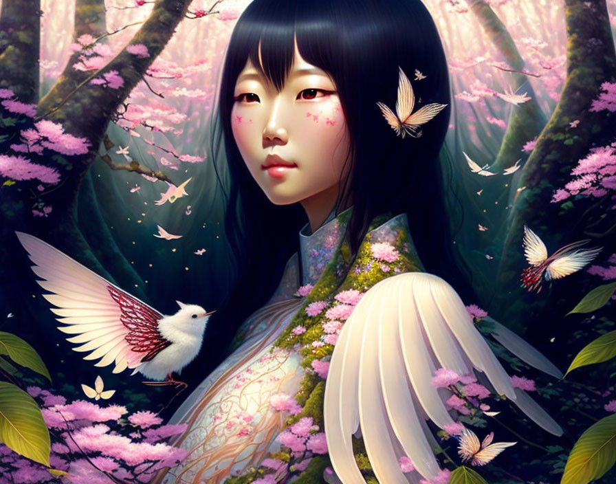 Illustration of girl with black hair in pink blossom garden with butterflies.