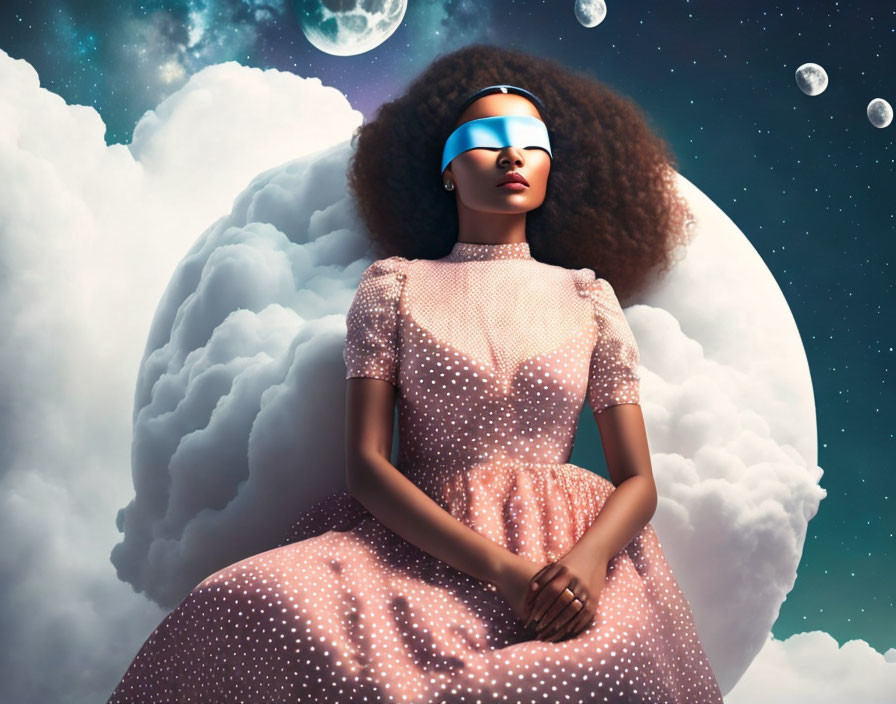 Woman in pink dress with futuristic visor among clouds and stars.