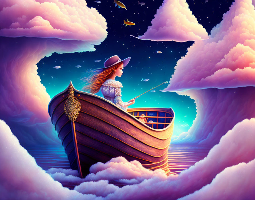 Woman in hat fishing from boat in surreal sky with pink clouds and flying fish.