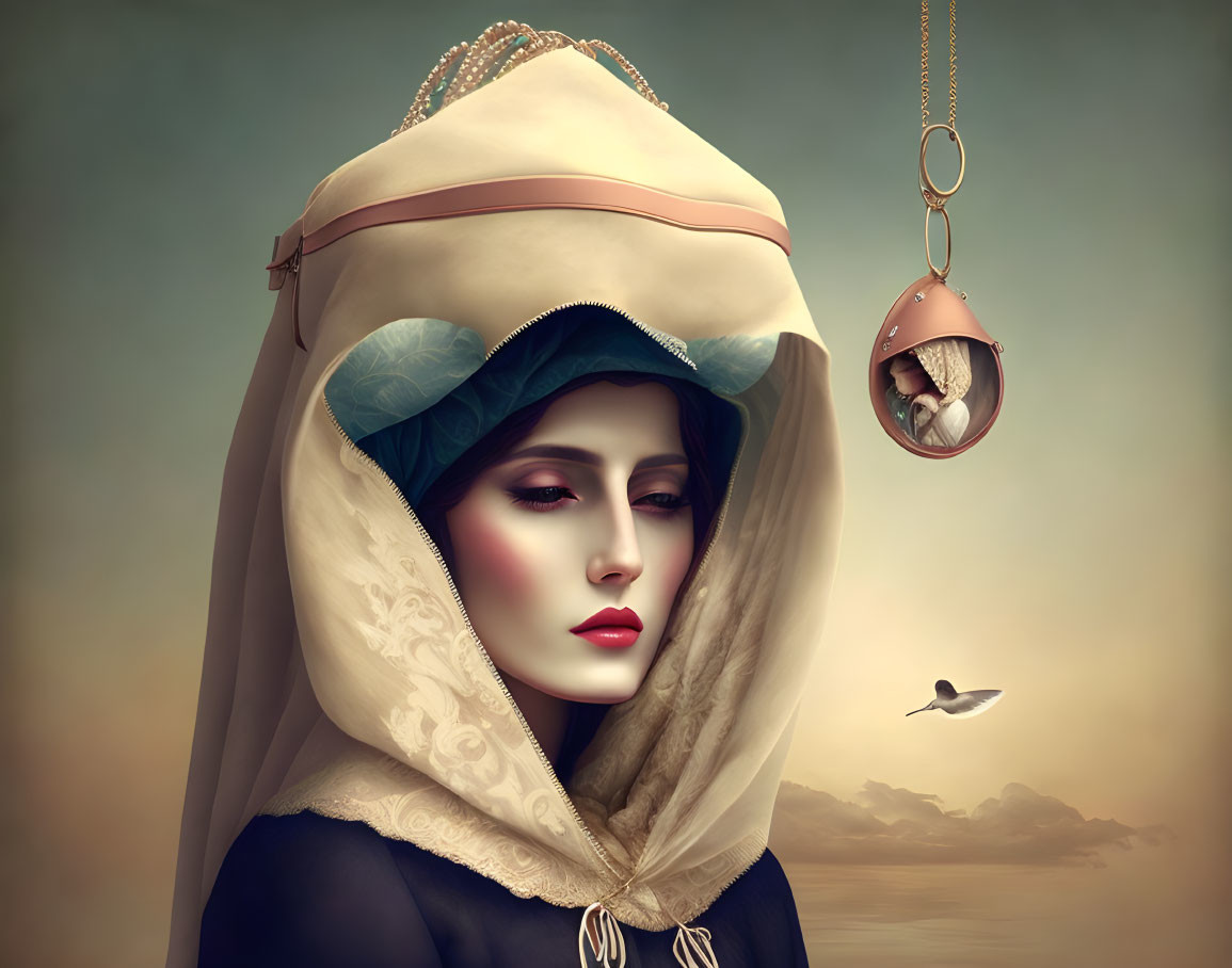 Surreal portrait of woman with hood, pearl necklace, and miniature person in cage under dreamy