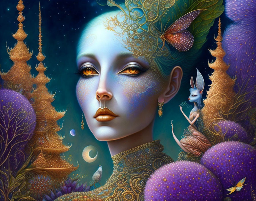 Blue-skinned female figure with golden features in mystical forest with whimsical creature