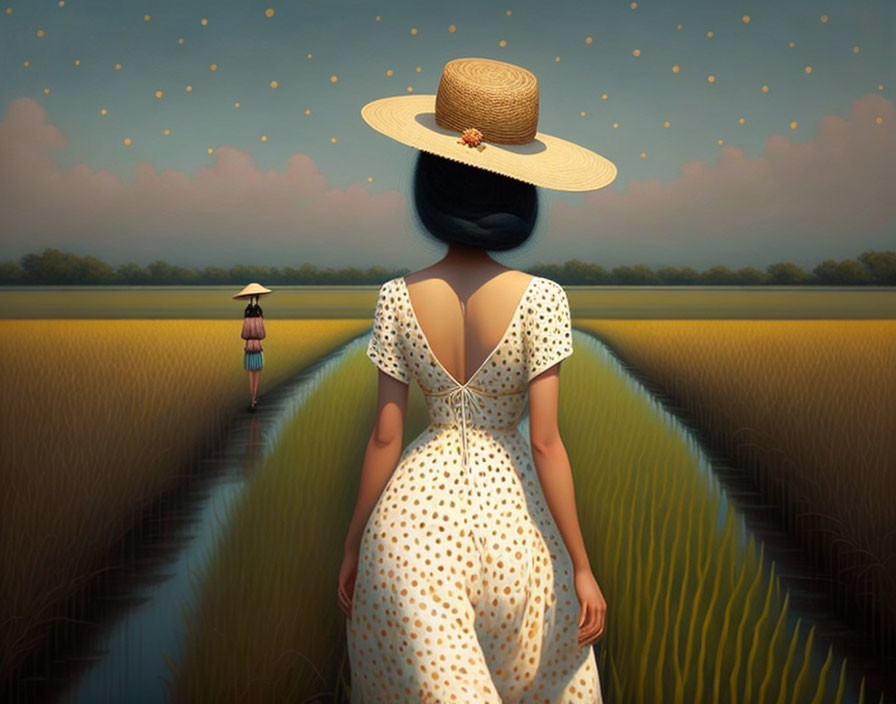 Woman in white dress and straw hat in golden field with person walking on path.