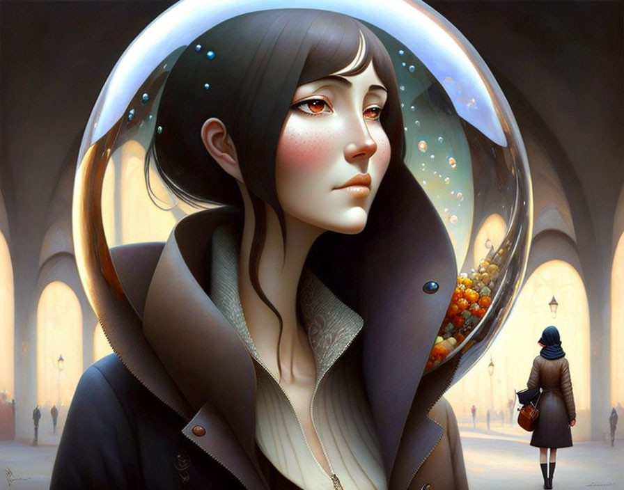 Woman in transparent bubble helmet surrounded by floating fish in ethereal setting.