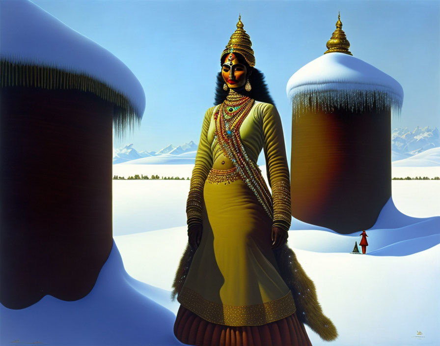 Surreal painting: Indian woman merges with snowy mountain scenery