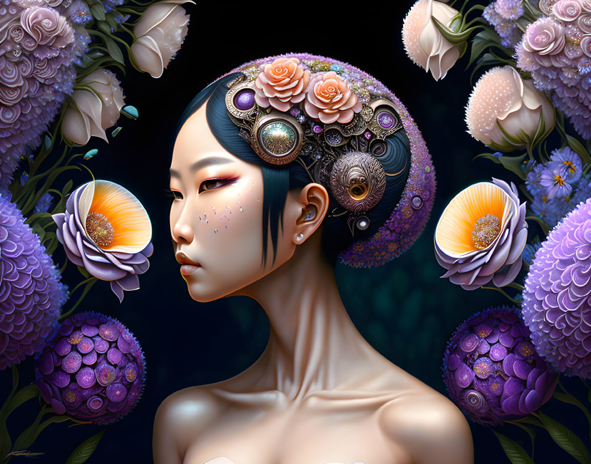 Illustration of woman with floral and mechanical elements in hair against purple flower background