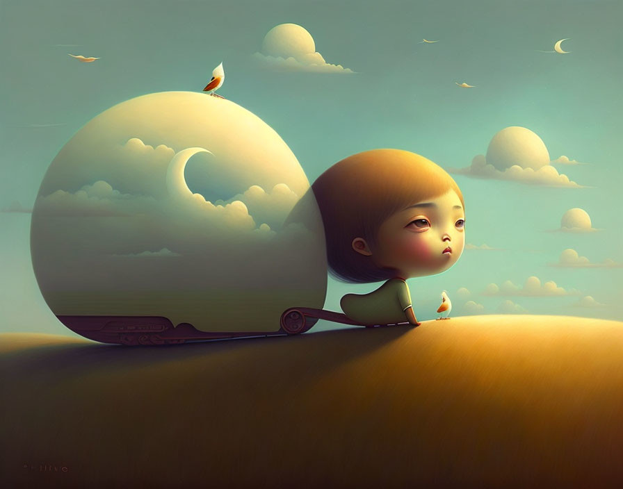 Child with large head pulling moon cart in dreamlike landscape