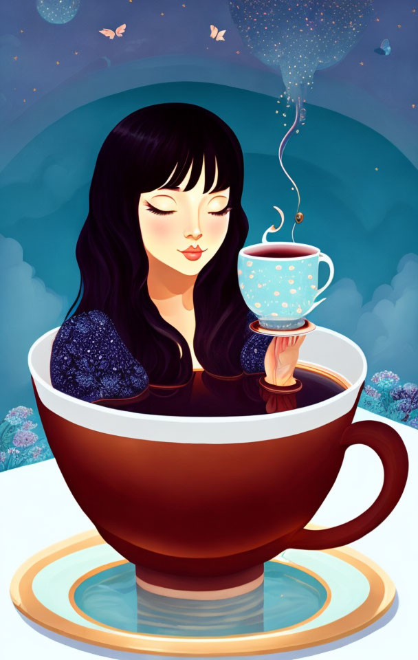 Woman Holding Steaming Cup in Giant Coffee Cup Illustration