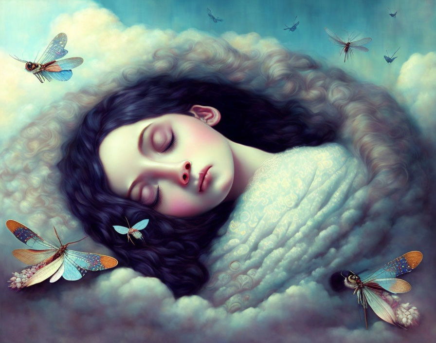 Illustration: Sleeping girl with dark curly hair and dragonflies on blue sky backdrop