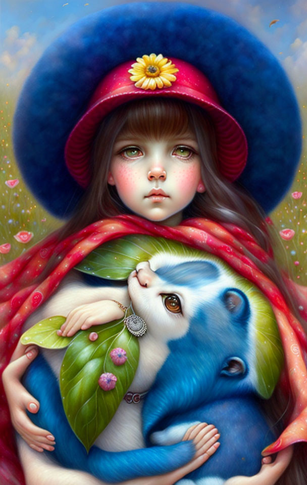 Digital illustration: Girl in red hat and scarf with large eyes holding blue cat-like creature with leaf and