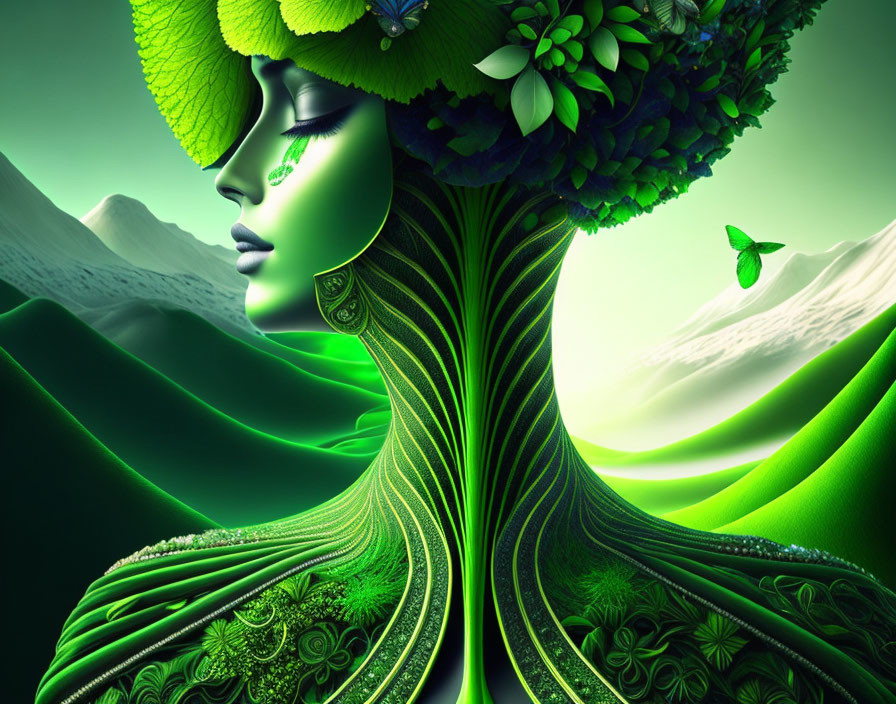 Colorful artwork: Woman's profile merges with tree elements on green hills background