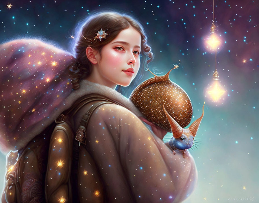 Fantasy illustration of young woman with starry cape and cosmic snail under celestial sky.