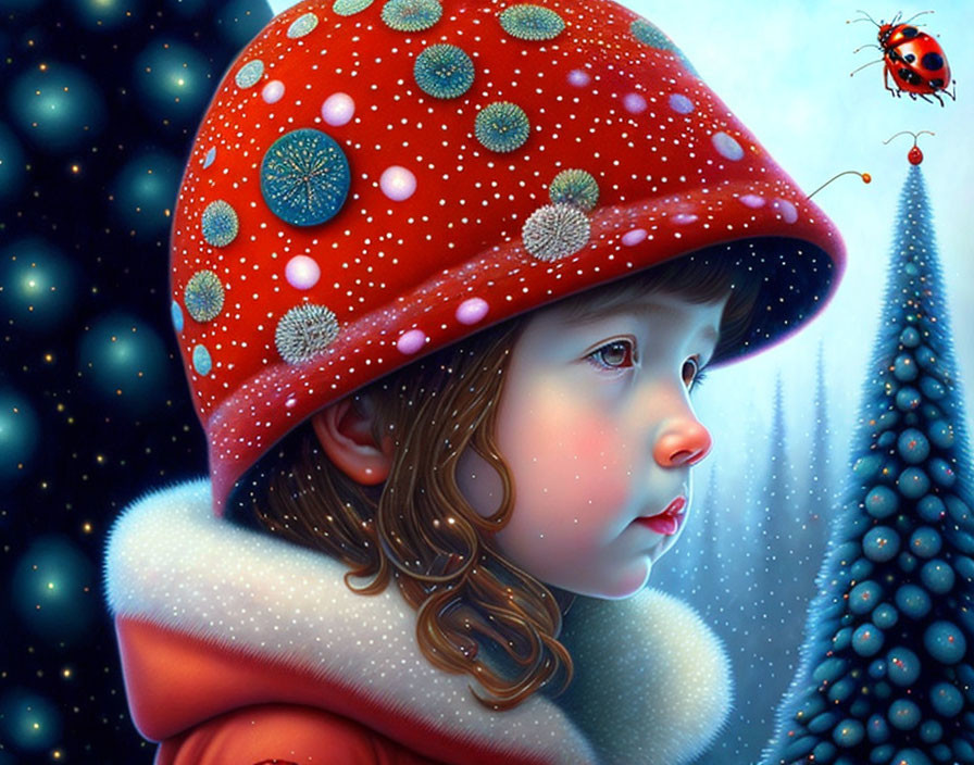 Child in red mushroom cap with ladybug in winter scenery