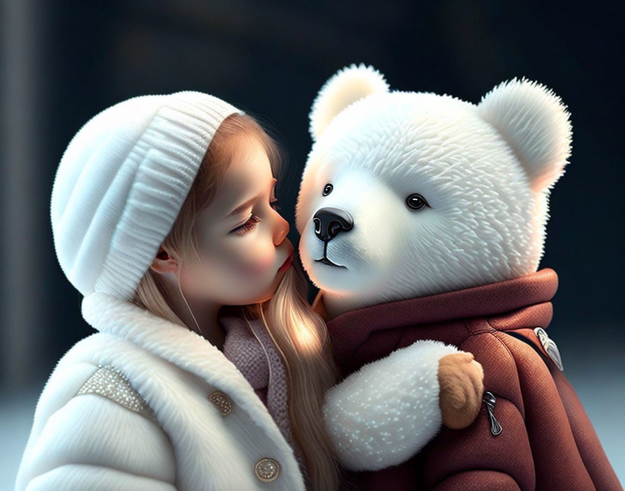 Young girl in white hat and coat with polar bear cub in brown jacket.