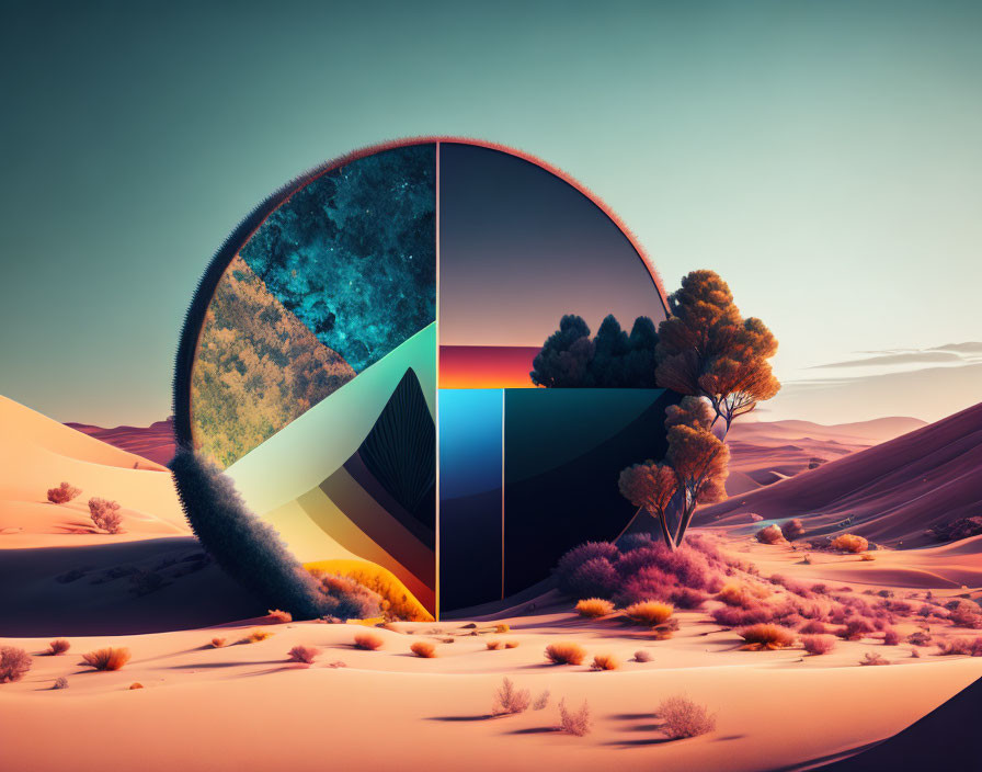 Surreal landscape with circular portal displaying aquatic, arctic, autumnal, and desert scenes