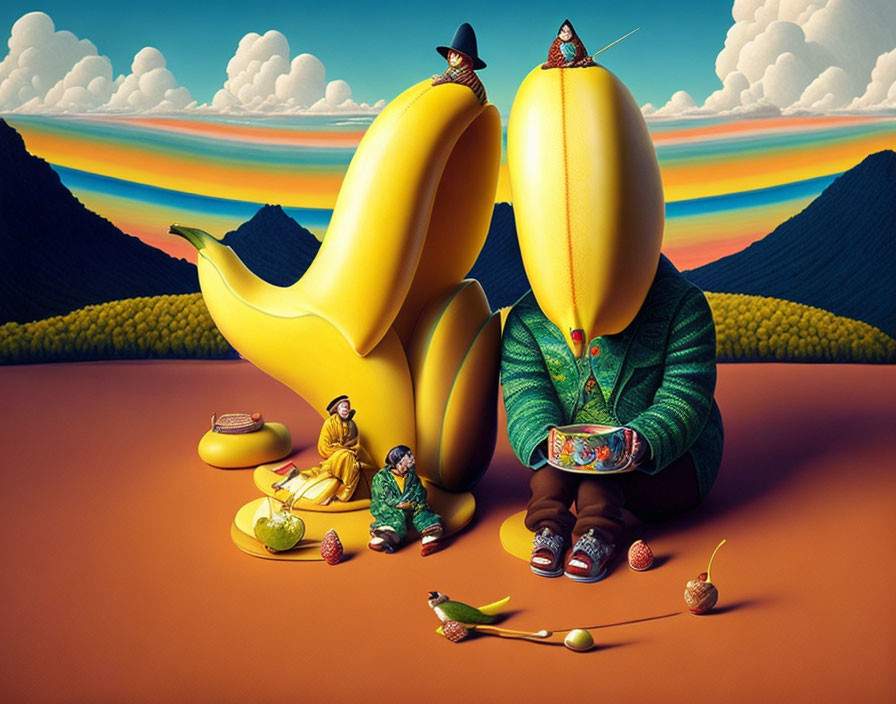 Oversized banana sculptures with human traits in desert landscape