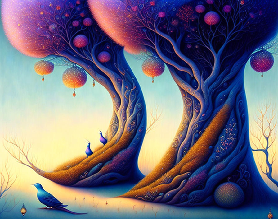 Vibrant twisted trees with glowing lanterns in mystical landscape