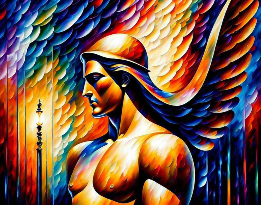 Colorful painting of a winged figure in fiery hues with swirling patterns